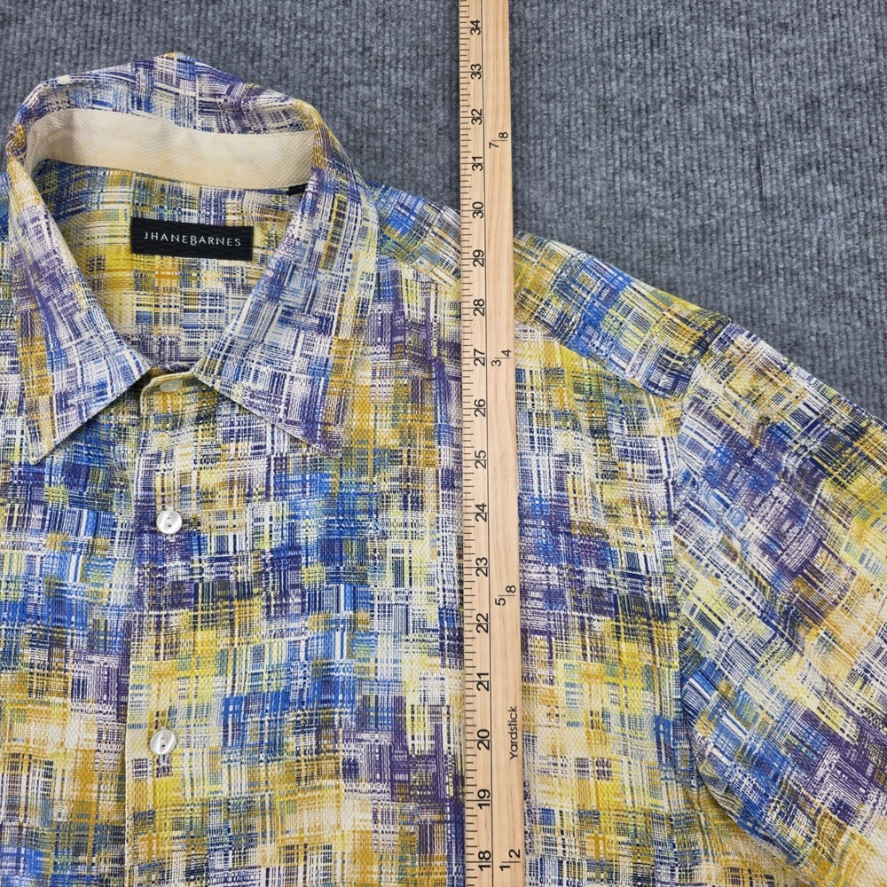 Jhane Barnes Mens XL Silk Short Sleeve Button Down Shirt Abstract Grid Blue Gold - Picture 3 of 7